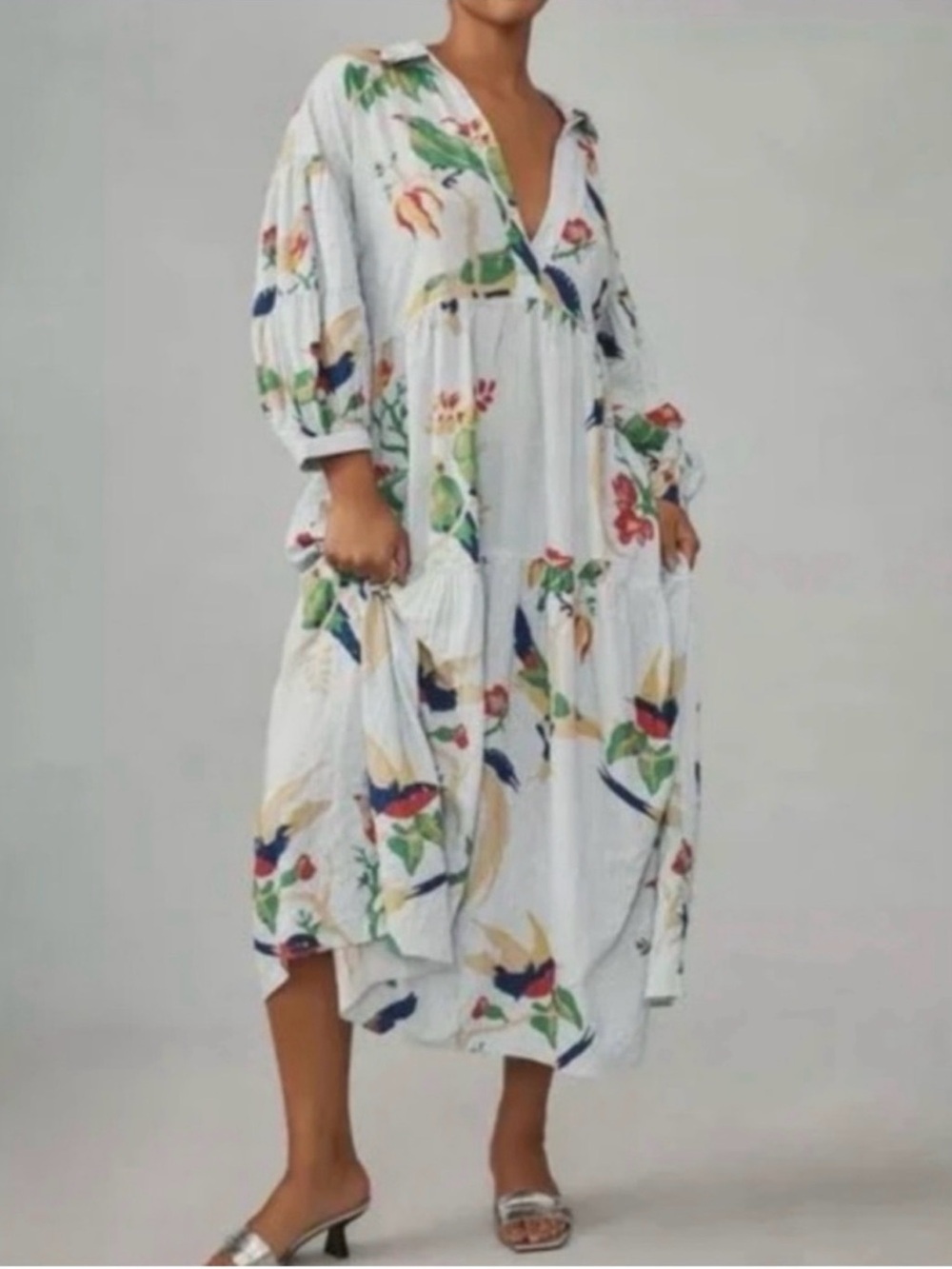 ANTHROPOLOGIE Blue & White Pinstriped Maxi Dress with Floral & Bird Print